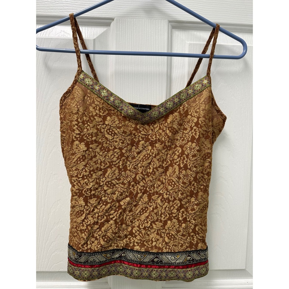 Moda International Bronze Gold Paisley Brocade Camisole V-Neck Trim Top Small